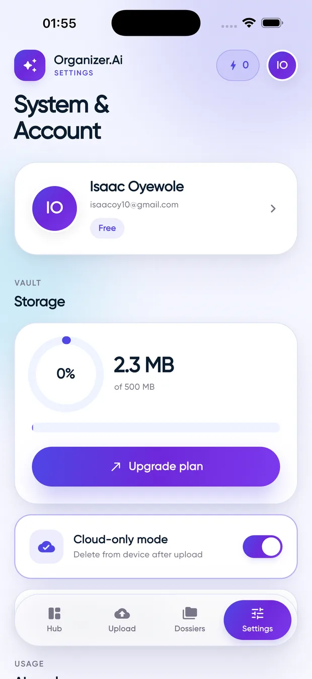 System and account screen