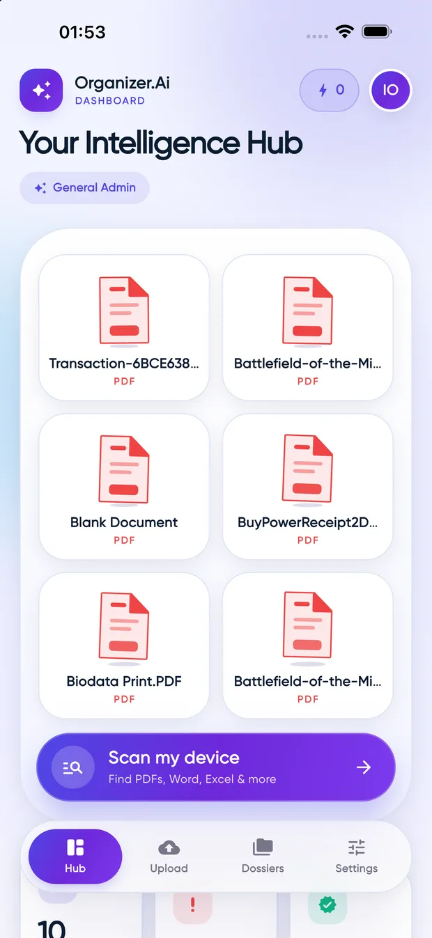 Organizer.Ai hub screen