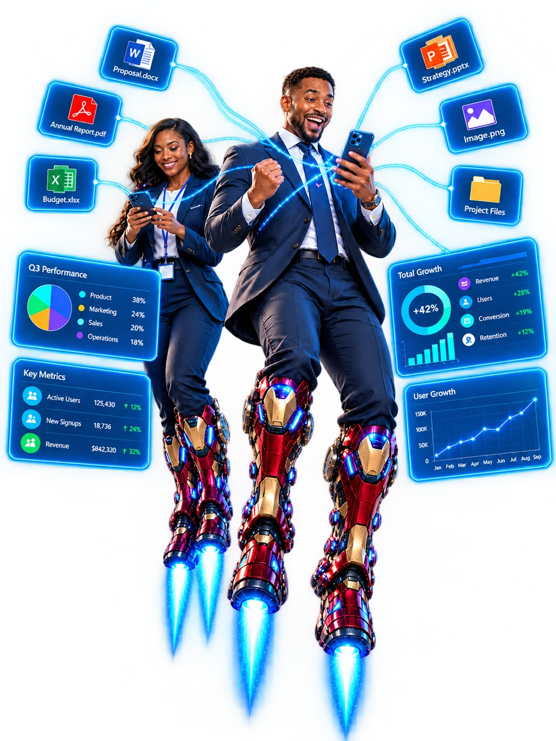 Two professionals hovering on jet boots above holographic document and analytics panels, reviewing files on their phones